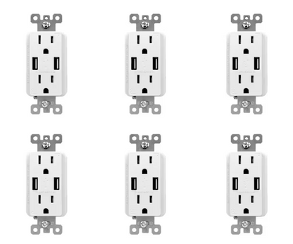 Commercial Electric 3.6 Amp Dual USB Charger and 15 Amp Receptacle, White (6-Pack)