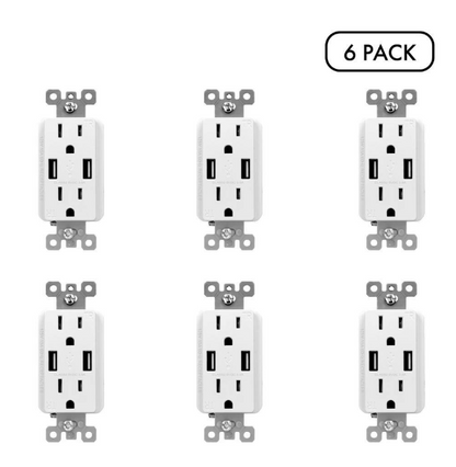 Commercial Electric 3.6 Amp Dual USB Charger and 15 Amp Receptacle, White (6-Pack)