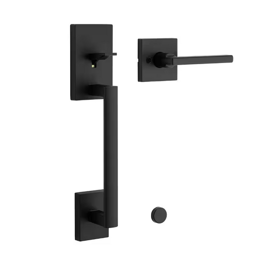 Kwikset San Clemente Matte Black Door Handleset with Halifax Square Door Handle with Microban Antimicrobial Technology