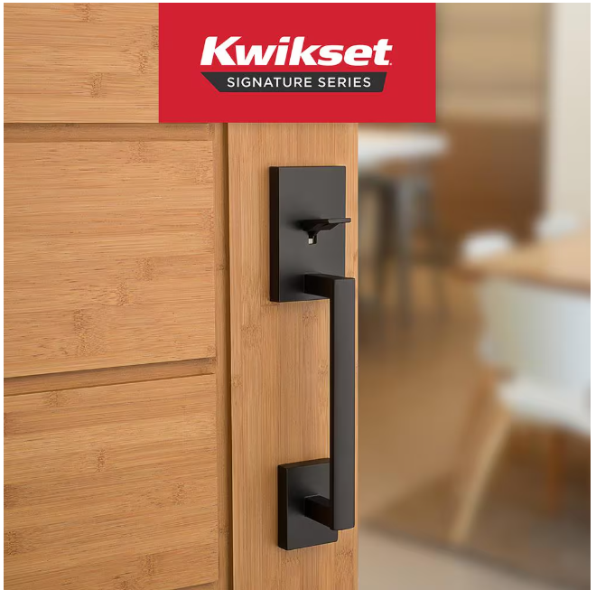 Kwikset San Clemente Matte Black Door Handleset with Halifax Square Door Handle with Microban Antimicrobial Technology