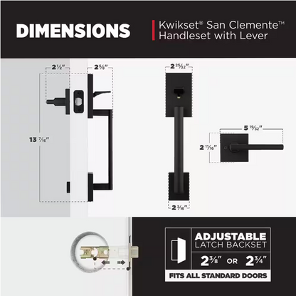 Kwikset San Clemente Matte Black Door Handleset with Halifax Square Door Handle with Microban Antimicrobial Technology