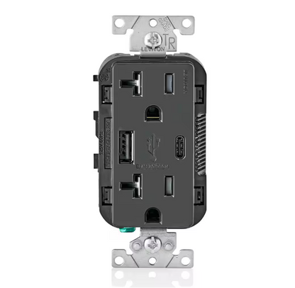Leviton 20 Amp Type A and Type-C USB Charger/Tamper Resistant Receptacle, Black T5833-E