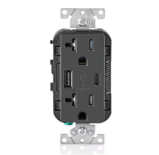 Leviton 20 Amp Type A and Type-C USB Charger/Tamper Resistant Receptacle, Black T5833-E