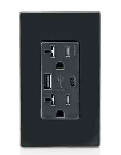 Leviton 20 Amp Type A and Type-C USB Charger/Tamper Resistant Receptacle, Black T5833-E