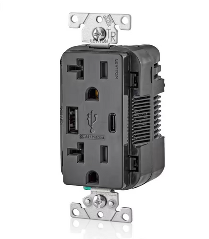 Leviton 20 Amp Type A and Type-C USB Charger/Tamper Resistant Receptacle, Black T5833-E