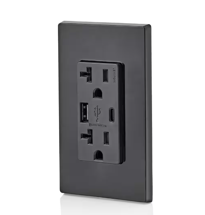 Leviton 20 Amp Type A and Type-C USB Charger/Tamper Resistant Receptacle, Black T5833-E