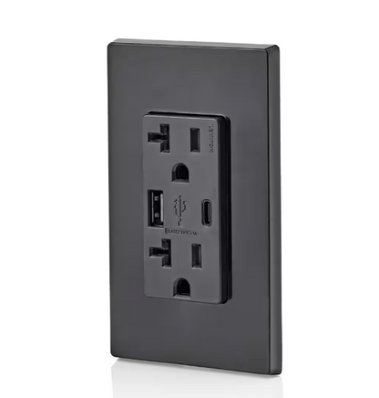 Leviton 20 Amp Type A and Type-C USB Charger/Tamper Resistant Receptacle, Black T5833-E