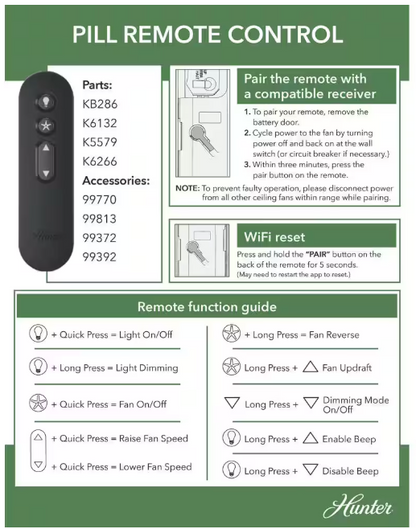 Hunter Universal 3 Speed Damp Rated Ceiling Fan Handheld Remote Control White