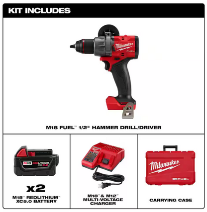 Milwaukee M18 FUEL 18V Lithium-Ion Brushless Cordless 1/2 in. Hammer Drill Driver Kit with Two 5.0 Ah Batteries and Hard Case