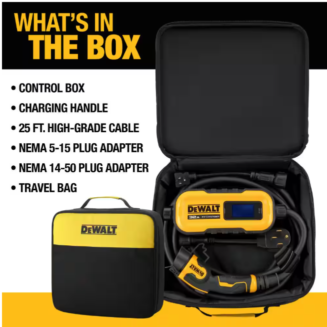DEWALT Level-2 Portable Electric Vehicle EV Charger up to 32 Amps, 120-240-Volt AC 7.6 KW, 25 Ft. Cable, Weatherproof