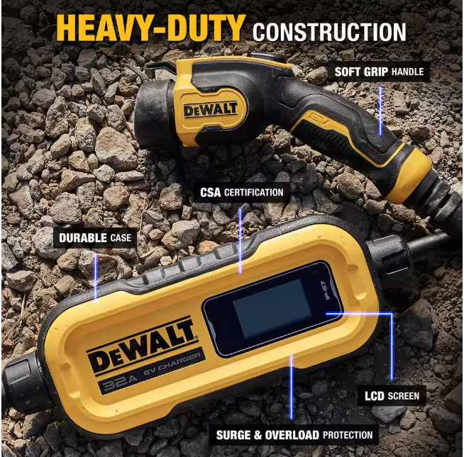 DEWALT Level-2 Portable Electric Vehicle EV Charger up to 32 Amps, 120-240-Volt AC 7.6 KW, 25 Ft. Cable, Weatherproof