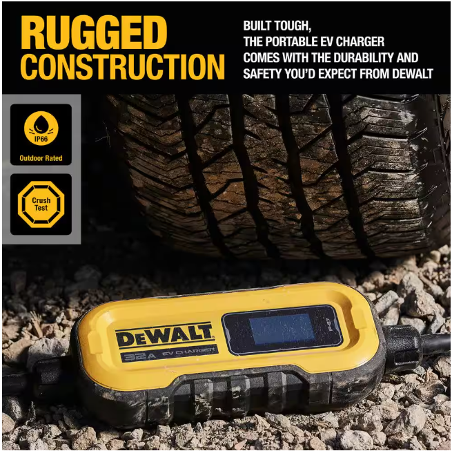 DEWALT Level-2 Portable Electric Vehicle EV Charger up to 32 Amps, 120-240-Volt AC 7.6 KW, 25 Ft. Cable, Weatherproof