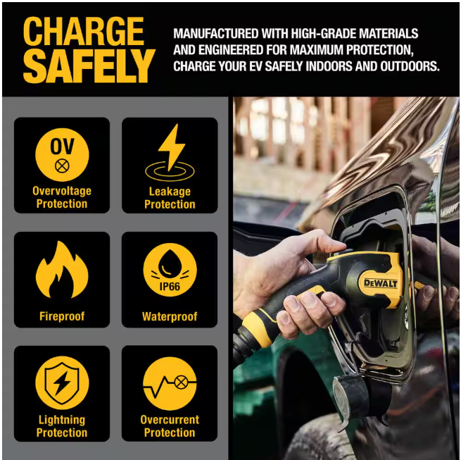 DEWALT Level-2 Portable Electric Vehicle EV Charger up to 32 Amps, 120-240-Volt AC 7.6 KW, 25 Ft. Cable, Weatherproof