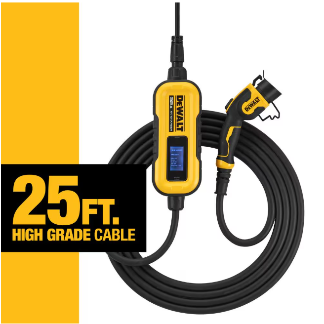 DEWALT Level-2 Portable Electric Vehicle EV Charger up to 32 Amps, 120-240-Volt AC 7.6 KW, 25 Ft. Cable, Weatherproof