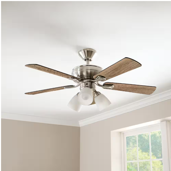 Hampton Bay Riley 44 in. Indoor LED Brushed Nickel Ceiling Fan with Light Kit, 5 QuickInstall Reversible Blades and Remote Control