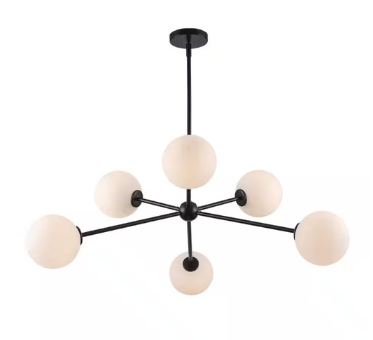Monteaux Lighting 39 in. 6-Light Black Sputnik Pendant Light Fixture with Opal Glass Globe Shades