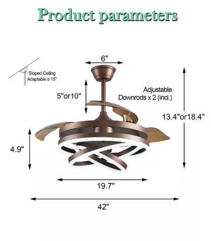 Oaks Aura Boca 42 in. LED Indoor Brown DIY Shape 6-Speed Retractable Ceiling Fan with Light, Latest DC Motor and Remote Control