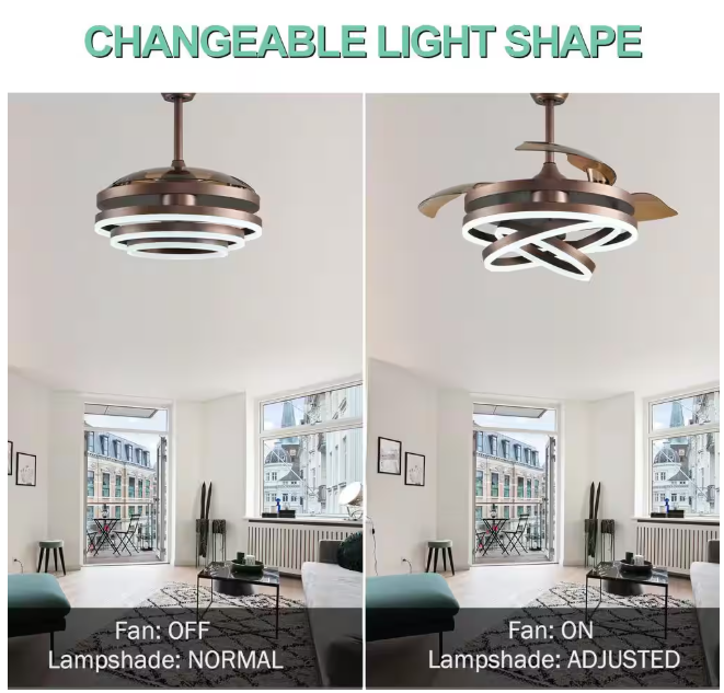 Oaks Aura Boca 42 in. LED Indoor Brown DIY Shape 6-Speed Retractable Ceiling Fan with Light, Latest DC Motor and Remote Control