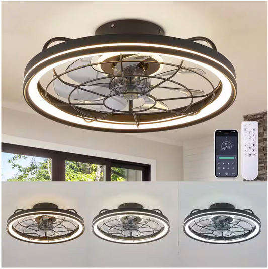 FANNEHONNE 19 in. Indoor Integrated LED Modern Farmhouse Ceiling Fan with Light, Flush Mount Light Black for Low Profile Room