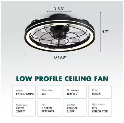 FANNEHONNE 19 in. Indoor Integrated LED Modern Farmhouse Ceiling Fan with Light, Flush Mount Light Black for Low Profile Room