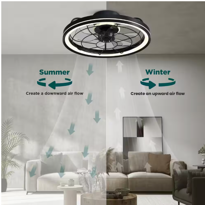 FANNEHONNE 19 in. Indoor Integrated LED Modern Farmhouse Ceiling Fan with Light, Flush Mount Light Black for Low Profile Room