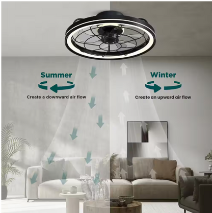 FANNEHONNE 19 in. Indoor Integrated LED Modern Farmhouse Ceiling Fan with Light, Flush Mount Light Black for Low Profile Room