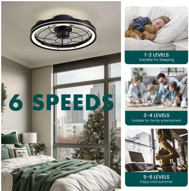 FANNEHONNE 19 in. Indoor Integrated LED Modern Farmhouse Ceiling Fan with Light, Flush Mount Light Black for Low Profile Room
