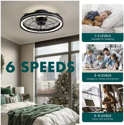 FANNEHONNE 19 in. Indoor Integrated LED Modern Farmhouse Ceiling Fan with Light, Flush Mount Light Black for Low Profile Room