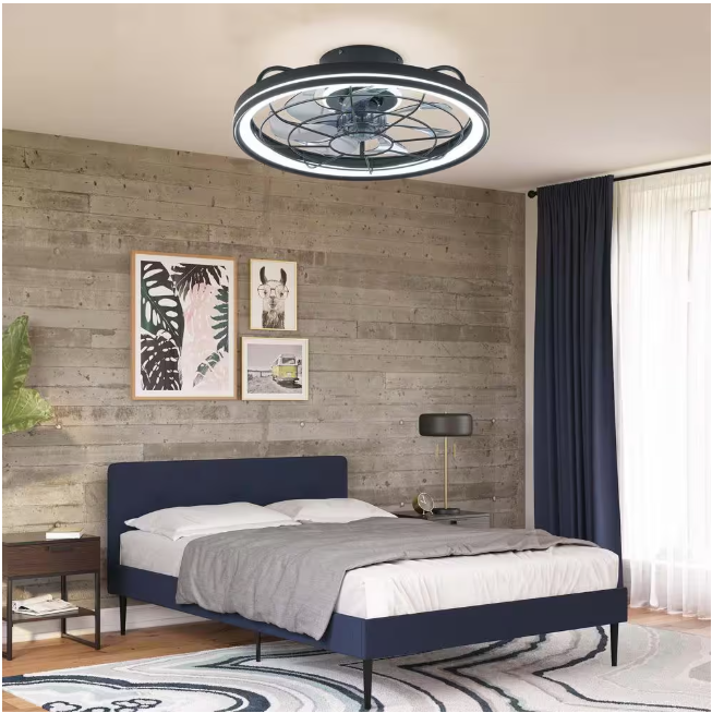FANNEHONNE 19 in. Indoor Integrated LED Modern Farmhouse Ceiling Fan with Light, Flush Mount Light Black for Low Profile Room