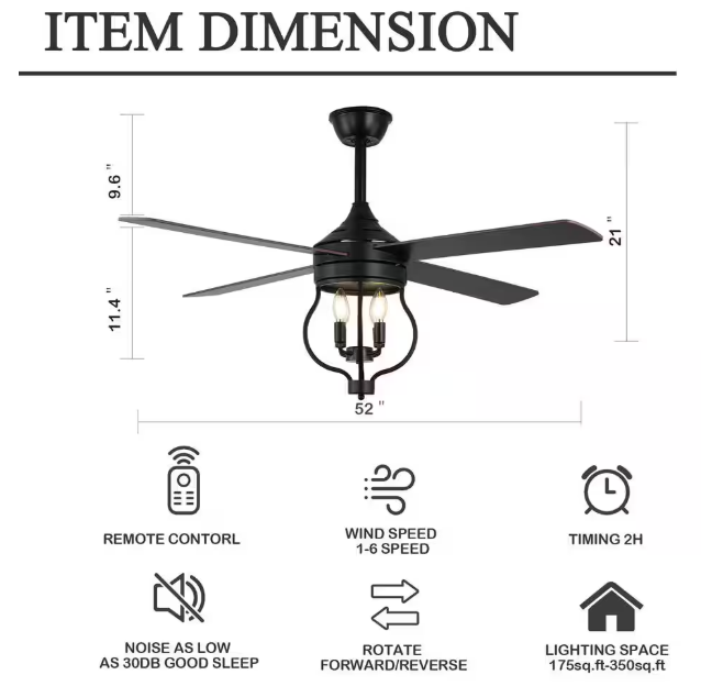 Oaks Aura Montez 52 in. Indoor Black 4-Light Farmhouse Modern Ceiling Fan w/Light, Rustic 6-Speed Reversible Ceiling Fan w/Remote