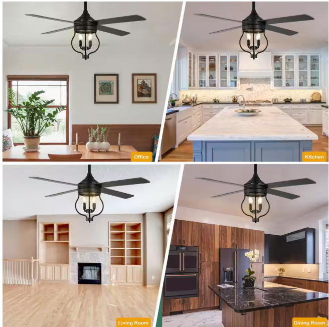 Oaks Aura Montez 52 in. Indoor Black 4-Light Farmhouse Modern Ceiling Fan w/Light, Rustic 6-Speed Reversible Ceiling Fan w/Remote