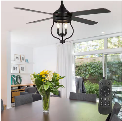 Oaks Aura Montez 52 in. Indoor Black 4-Light Farmhouse Modern Ceiling Fan w/Light, Rustic 6-Speed Reversible Ceiling Fan w/Remote