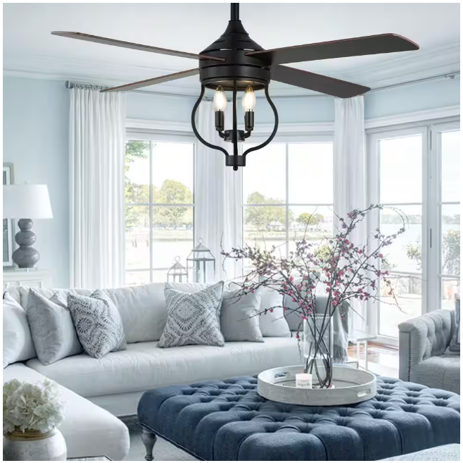 Oaks Aura Montez 52 in. Indoor Black 4-Light Farmhouse Modern Ceiling Fan w/Light, Rustic 6-Speed Reversible Ceiling Fan w/Remote