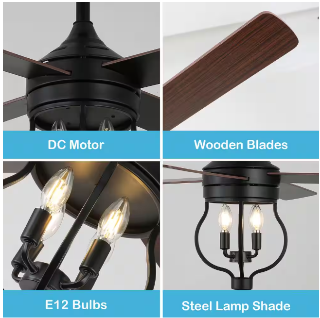 Oaks Aura Montez 52 in. Indoor Black 4-Light Farmhouse Modern Ceiling Fan w/Light, Rustic 6-Speed Reversible Ceiling Fan w/Remote