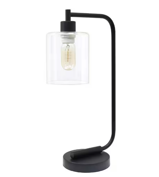 Simple Designs 19 in. Bronson Antique Style Black Industrial Iron Lantern Desk Lamp with Glass Shade
