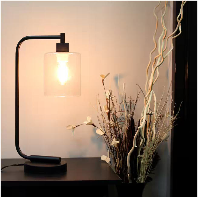 Simple Designs 19 in. Bronson Antique Style Black Industrial Iron Lantern Desk Lamp with Glass Shade