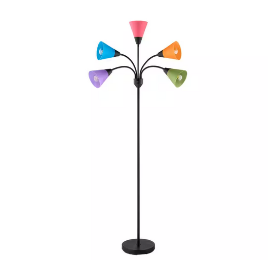 Hampton Bay 67 in. 5-Light Black Gooseneck Floor Lamp with Multi-Color Acrylic Shades