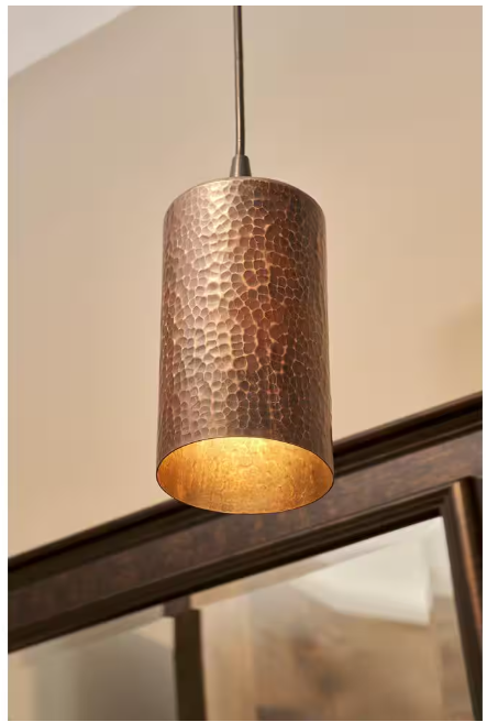 Premier Copper Products 1-Light Hammered Copper Ceiling Mount Cylinder Pendant in Oil Rubbed Bronze