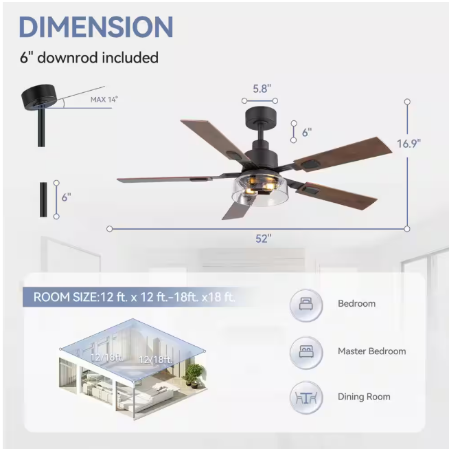 Breezary Anchal 52 in. 2-Light Indoor Farmhouse Black Standard Ceiling Fan with Glass Light Kit and Remote Included