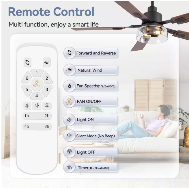 Breezary Anchal 52 in. 2-Light Indoor Farmhouse Black Standard Ceiling Fan with Glass Light Kit and Remote Included