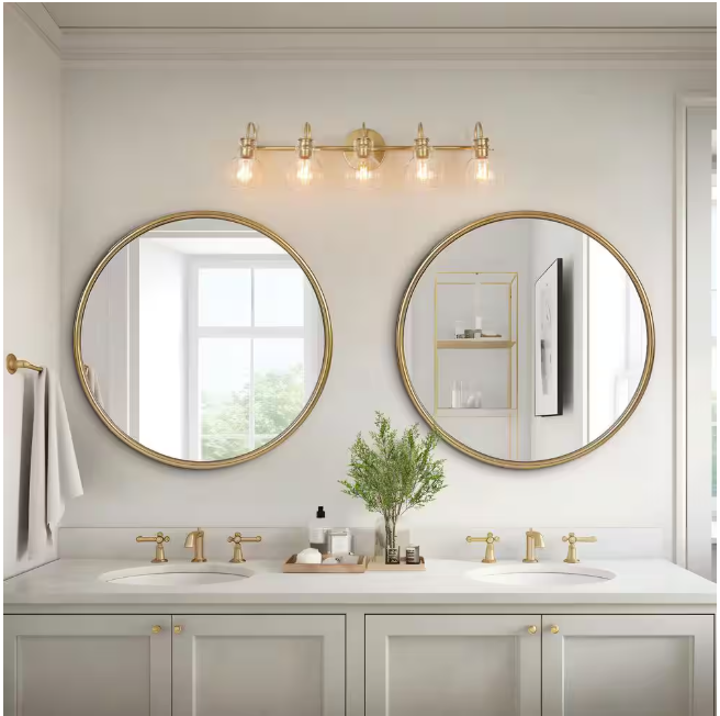 LNC Modern Light Gold Vanity Light 35.5 in. 5-Light Bathroom Power Room Light with Globe Clear Glass Shades