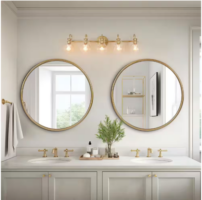LNC Modern Light Gold Vanity Light 35.5 in. 5-Light Bathroom Power Room Light with Globe Clear Glass Shades