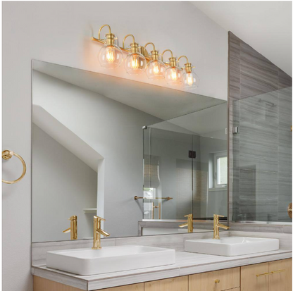 LNC Modern Light Gold Vanity Light 35.5 in. 5-Light Bathroom Power Room Light with Globe Clear Glass Shades