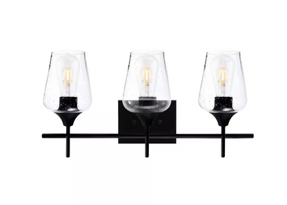 Merra 3-Light Black Bathroom Vanity Light with Seeded Glass Shades