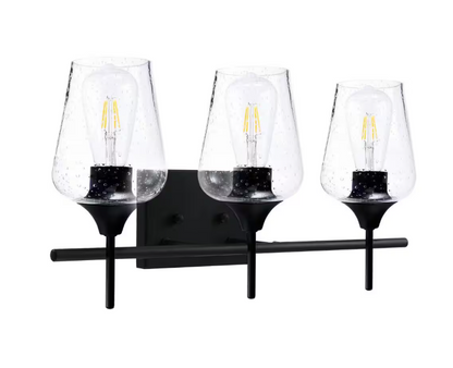 Merra 3-Light Black Bathroom Vanity Light with Seeded Glass Shades