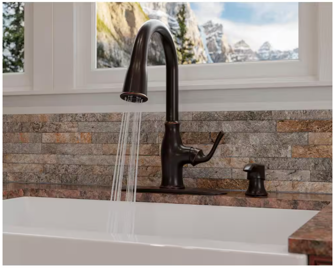 Pfister Rosslyn Single Handle Pull Down Sprayer Kitchen Faucet with Deckplate Included in Tuscan Bronze