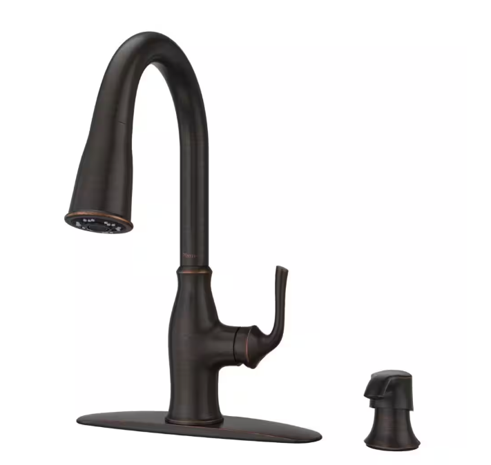 Pfister Rosslyn Single Handle Pull Down Sprayer Kitchen Faucet with Deckplate Included in Tuscan Bronze