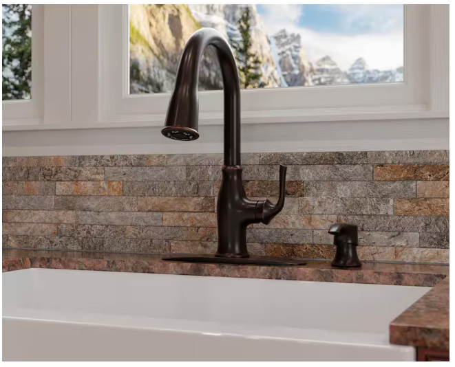 Pfister Rosslyn Single Handle Pull Down Sprayer Kitchen Faucet with Deckplate Included in Tuscan Bronze