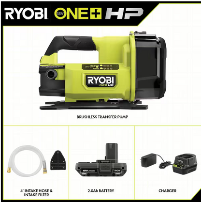 RYOBI ONE+ HP 18V 1/4 hp Cordless Battery Powered Transfer Pump with 2.0 Ah Battery and Charger