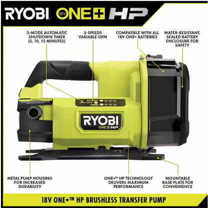 RYOBI ONE+ HP 18V 1/4 hp Cordless Battery Powered Transfer Pump with 2.0 Ah Battery and Charger